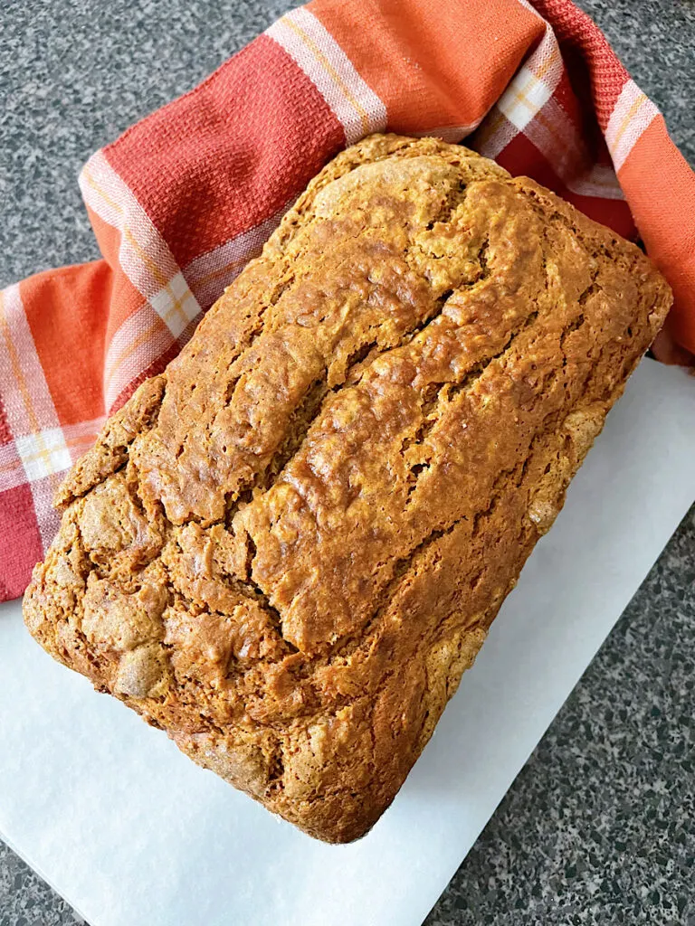 A loaf of moist pumpkin bread.