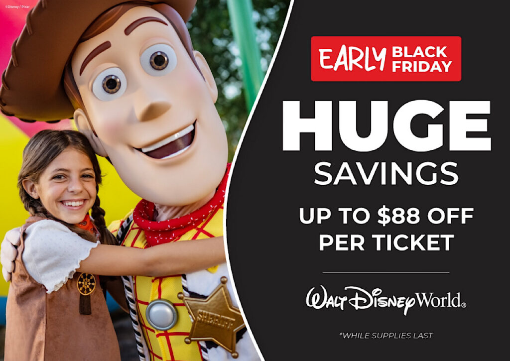 Disney World Black Friday sale from Get Away Today where you can save up to $88 per ticket.