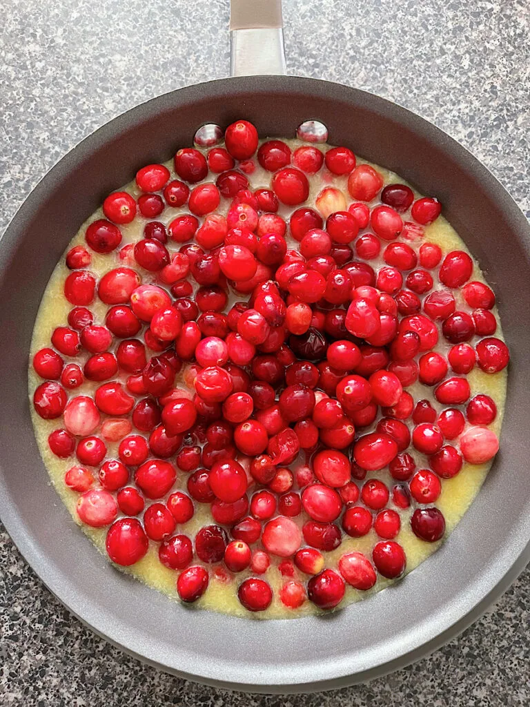 Orange juice, sugar, and cranberries in a saucepan.