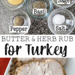 A picture collage of herb butter rub for Thanksgiving turkey.