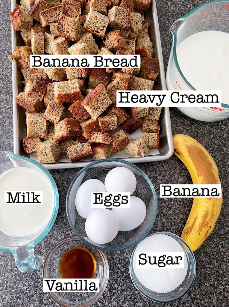 Ingredients for banana bread pudding.