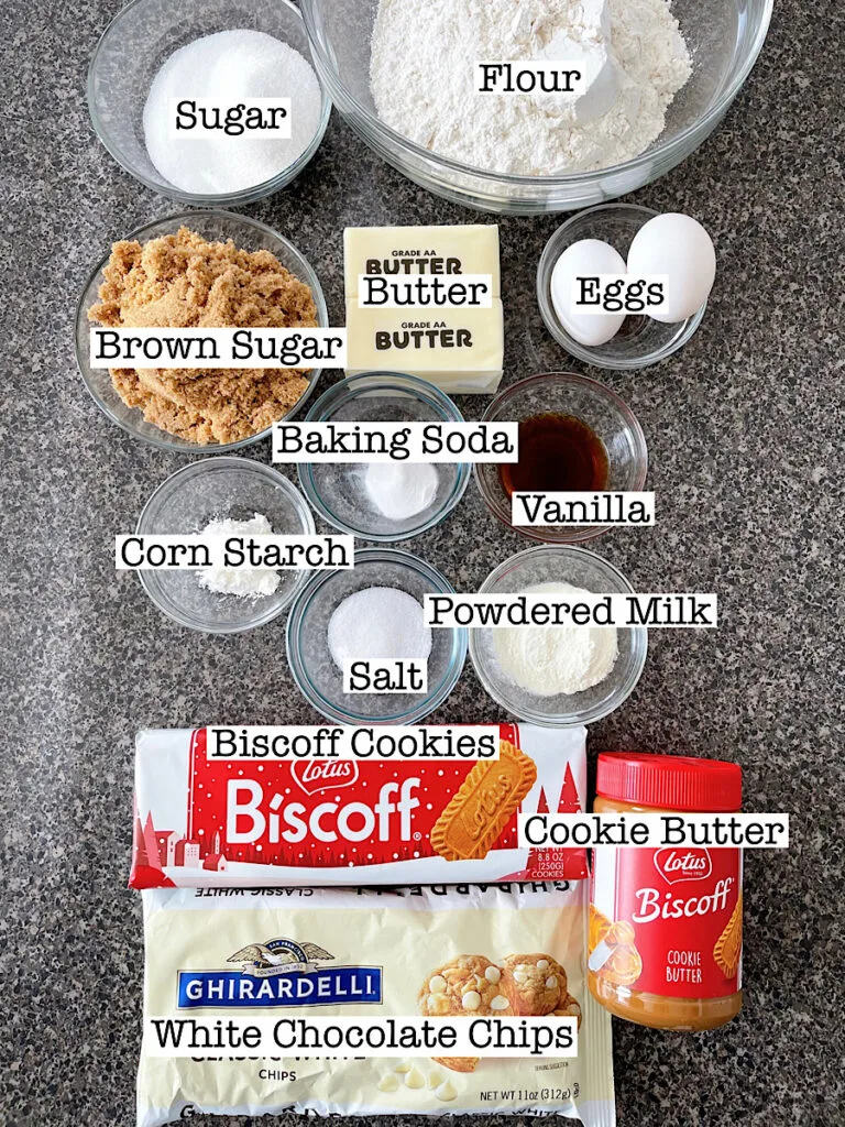 Ingredients to make cookie butter stuffed cookies.