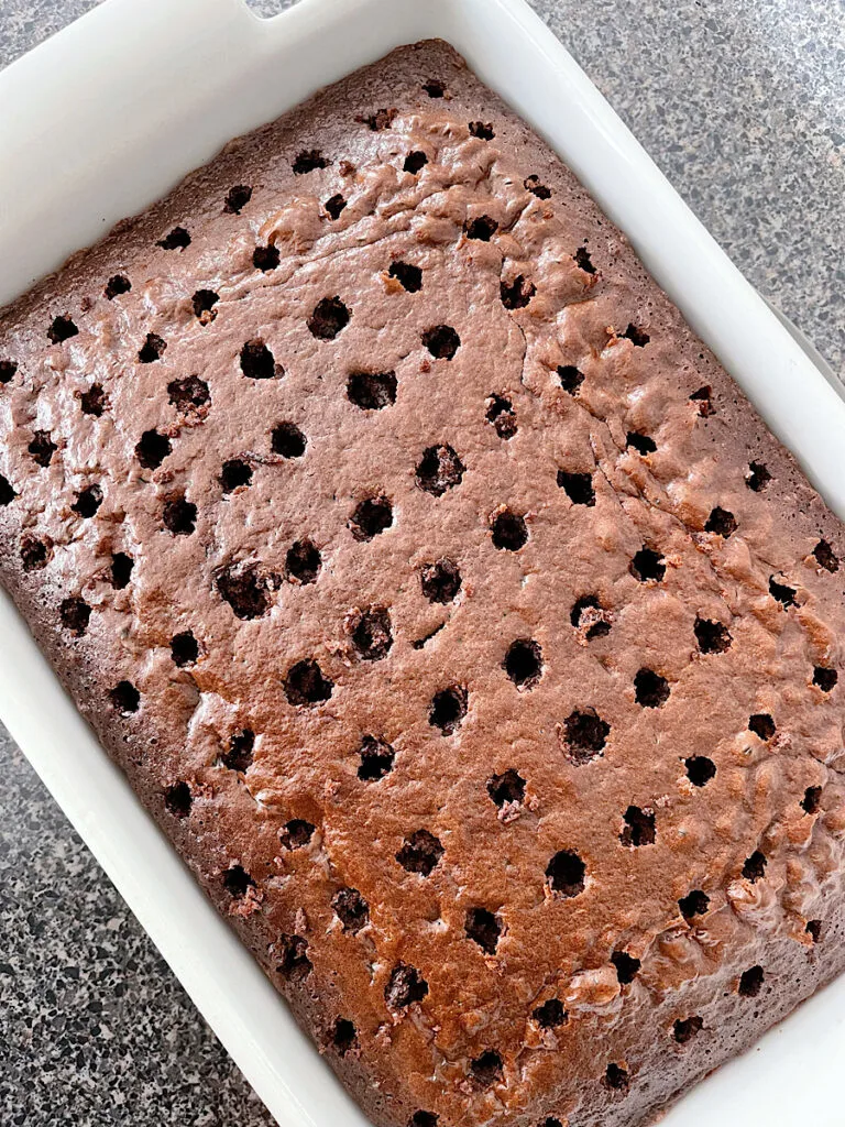 A chocolate cake with holes poked in it.