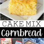 A slice of cornbread cake recipe made with a cake mix and cornbread mix topped with butter.