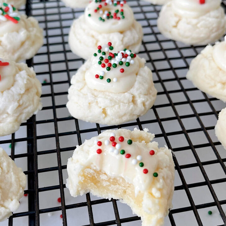 Christmas meltaway cookies on a cooling rack.