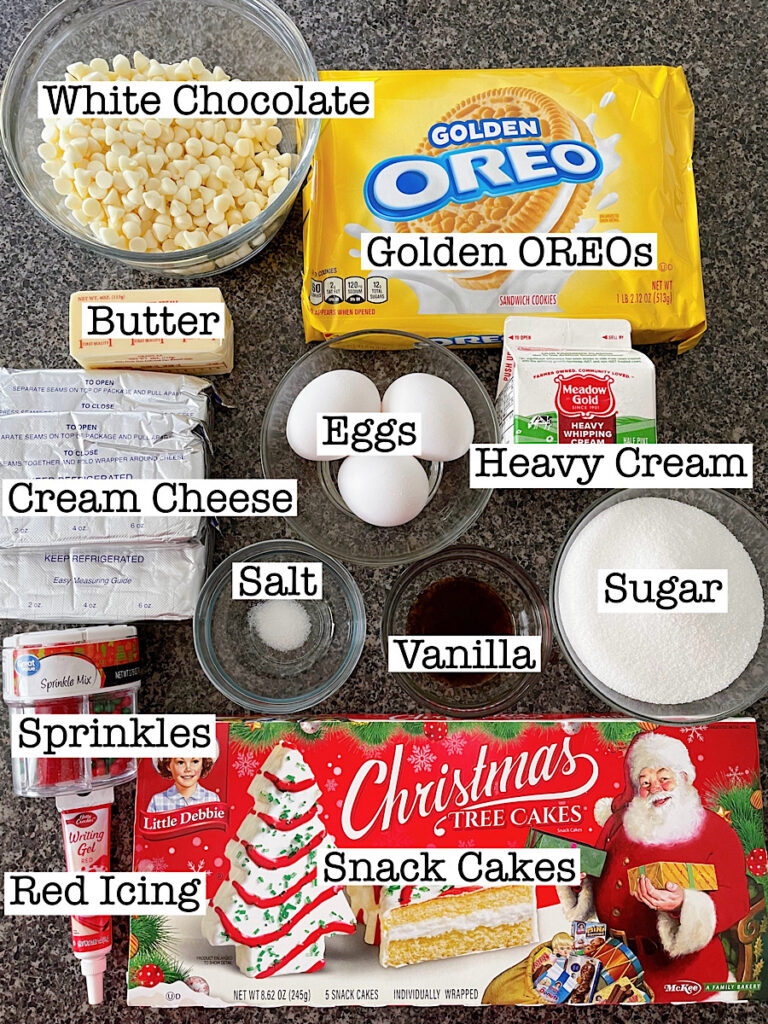Ingredients to make Little Debbie Christmas Tree Cake Cheesecake.