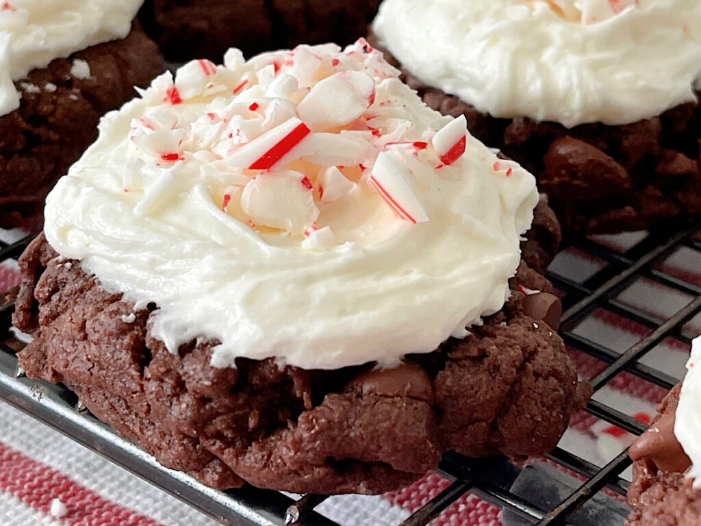 A chocolate brownie cookie with peppermint frosting and crushed candy canes.