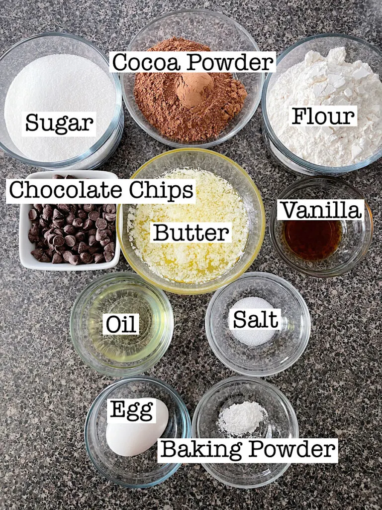 Ingredients to make chocolate brownie cookies.