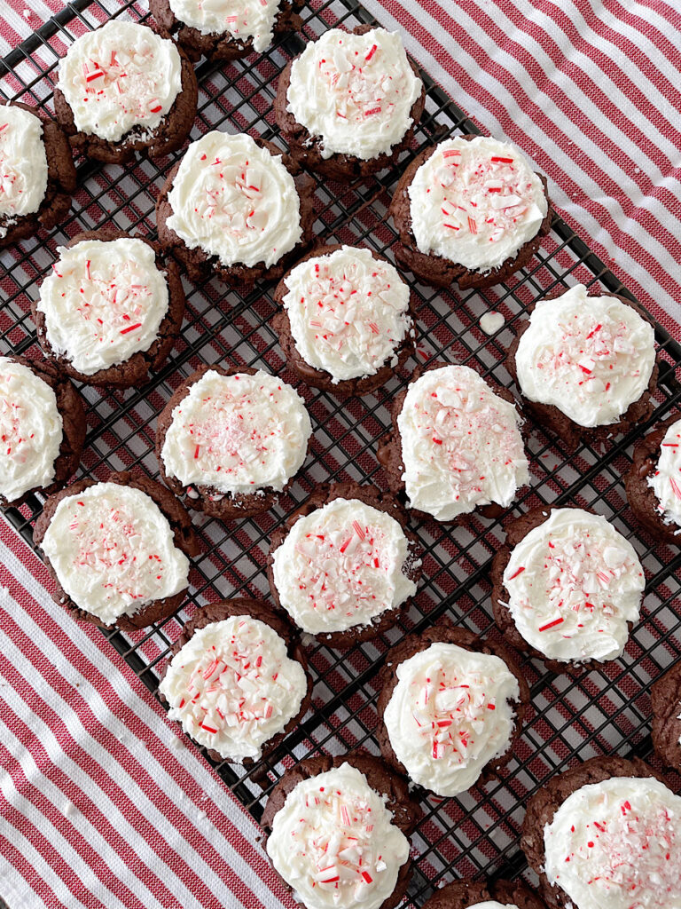 Brownie cookies topped with peppermint frosting.