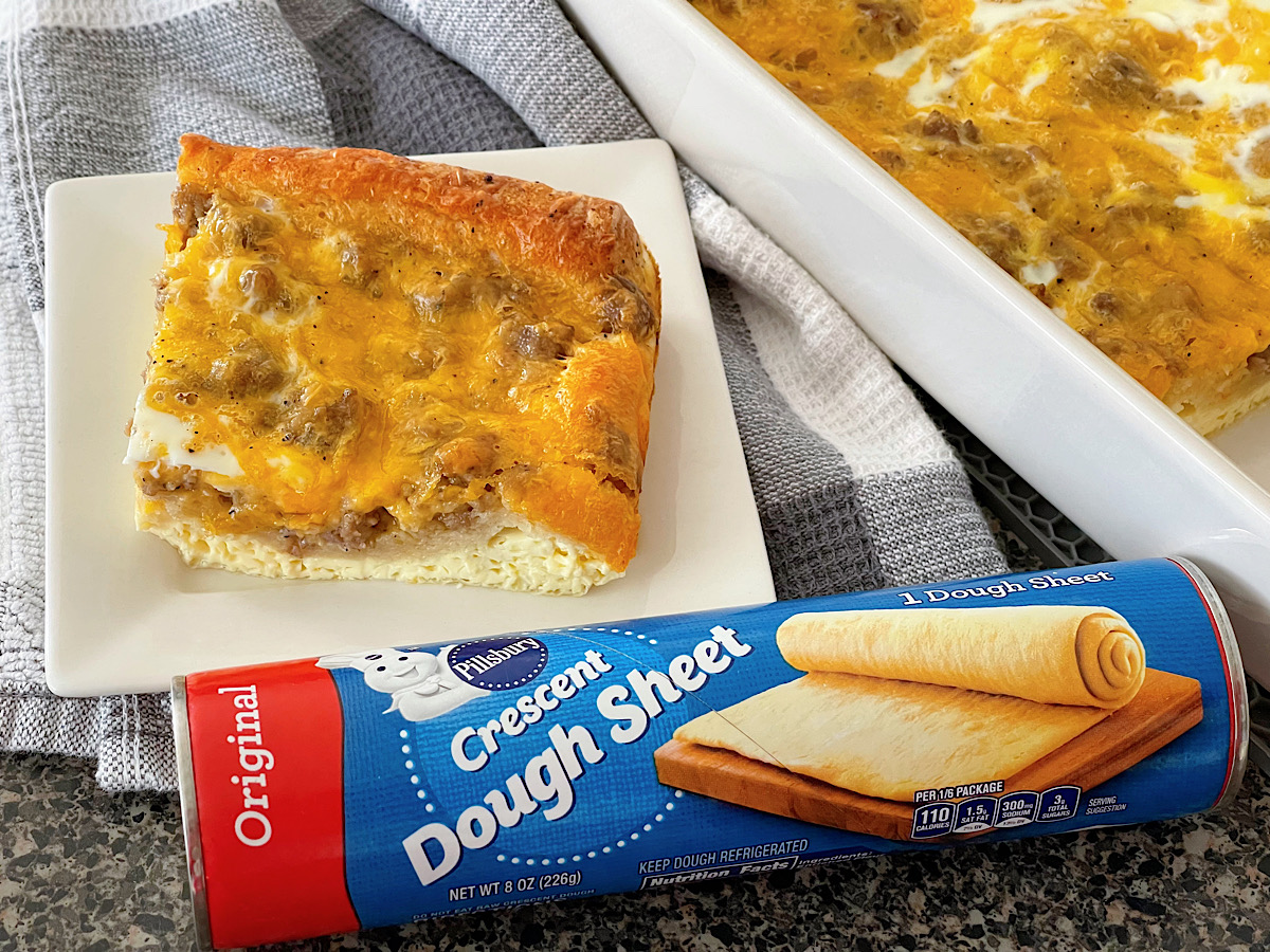 A slice of Sausage Crescent Roll breakfast casserole.
