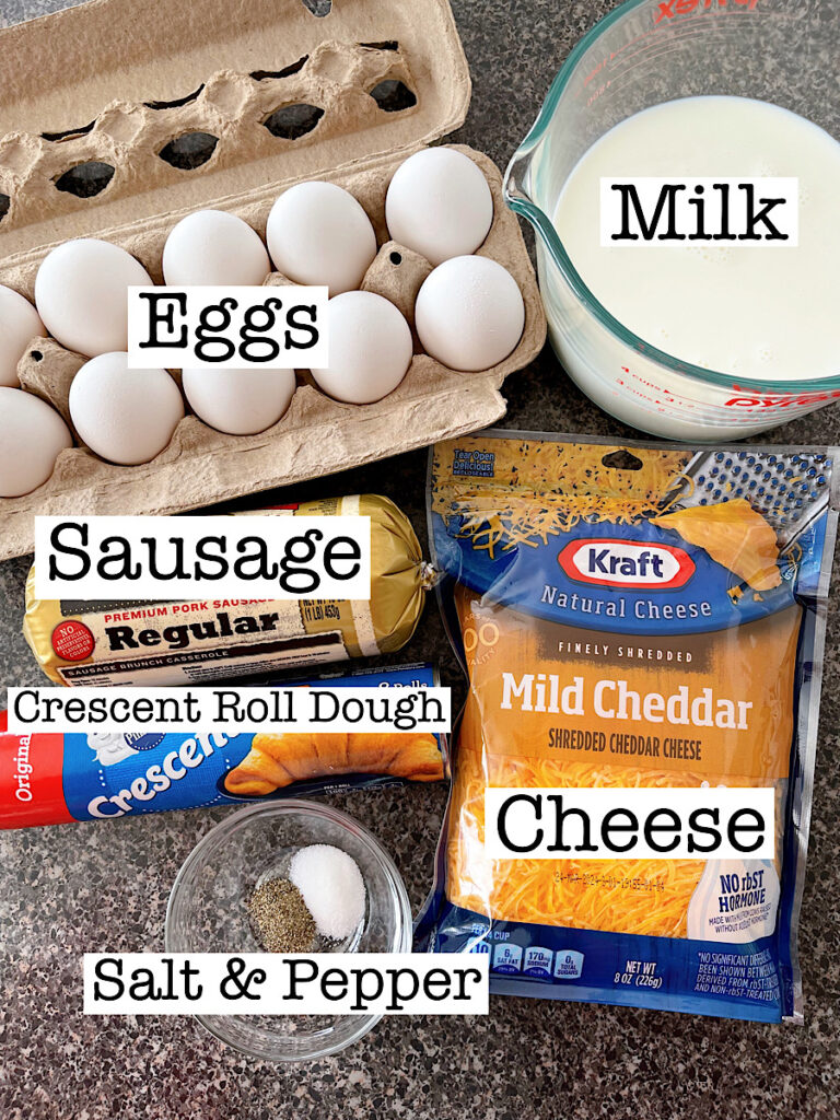 Ingredients to make sausage crescent roll breakfast casserole.