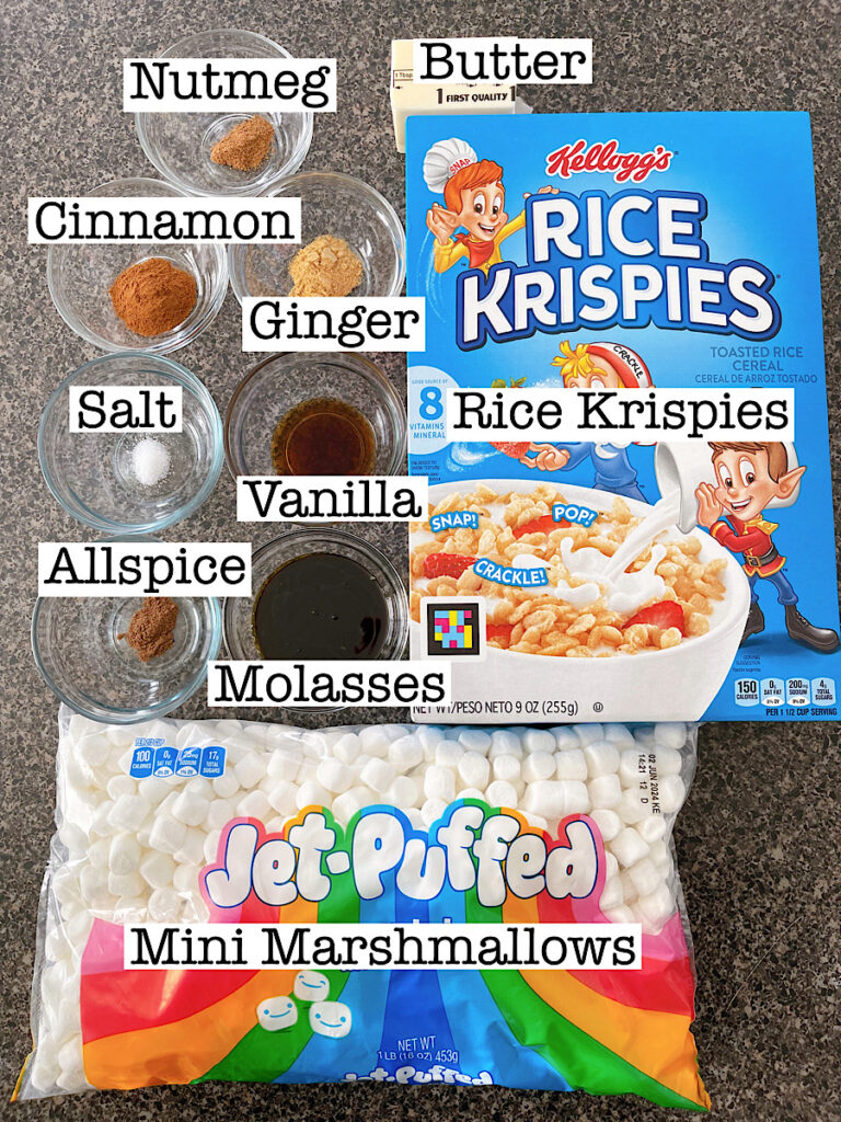 Ingredients to make Gingerbread Rice Krispie Treats.
