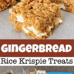 Gingerbread rice krispie treats cut into squares.