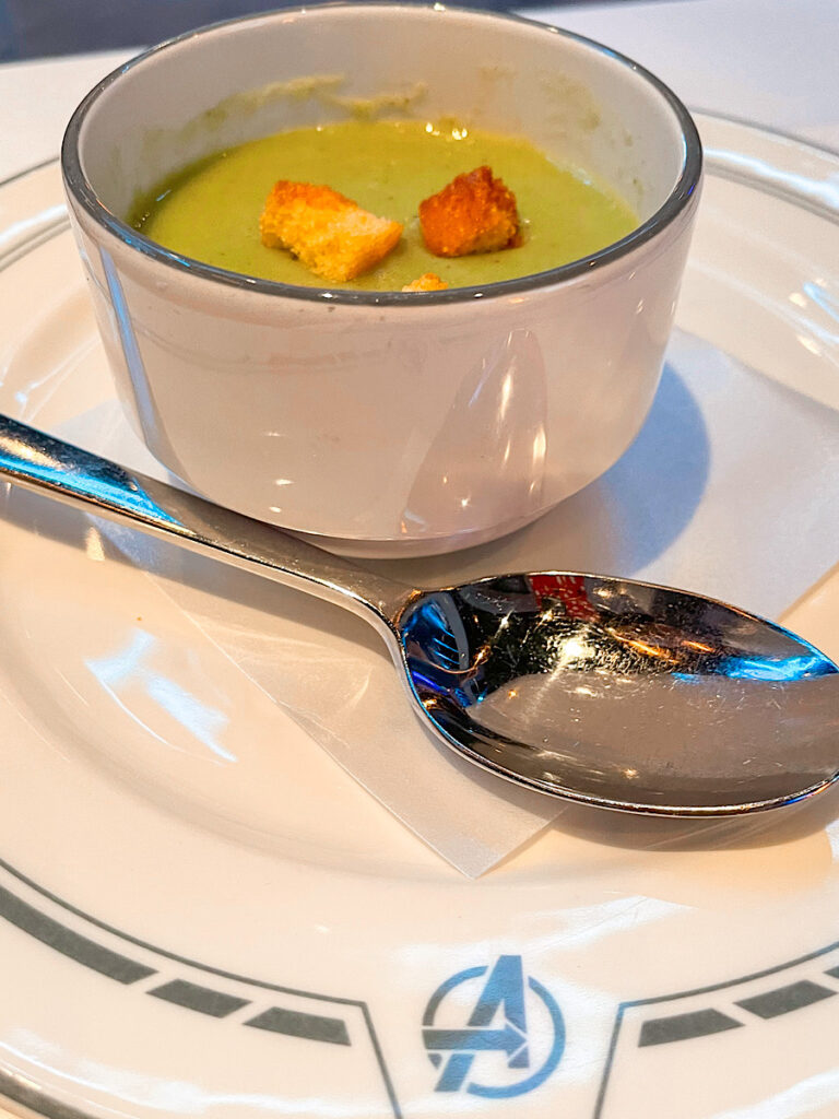 White Cheddar Broccolini Soup from Worlds of Marvel on the Disney Wish.