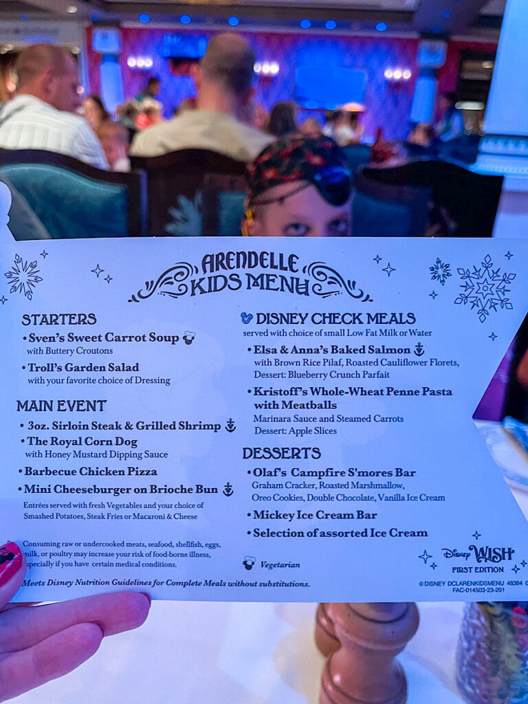 Arendelle Kid's Menu from the Disney Wish.