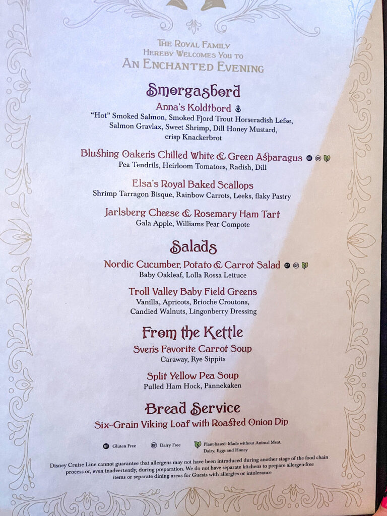 Arendelle menu from the Disney Wish.