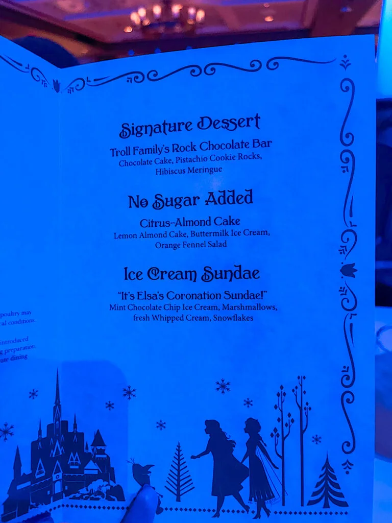 Arendelle dessert menu from the Disney Wish.