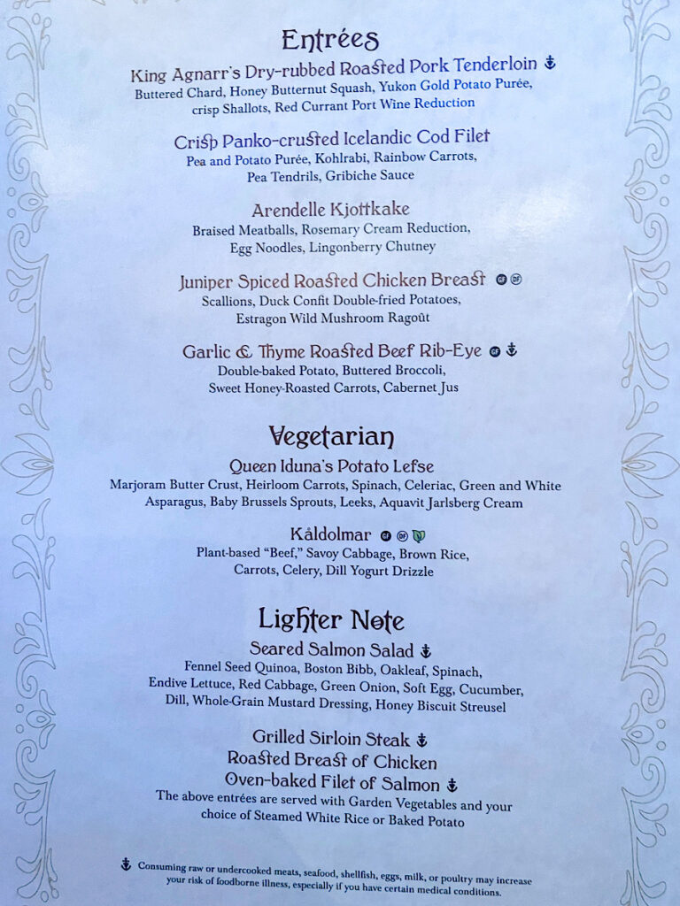 Arendelle menu from the Disney Wish.