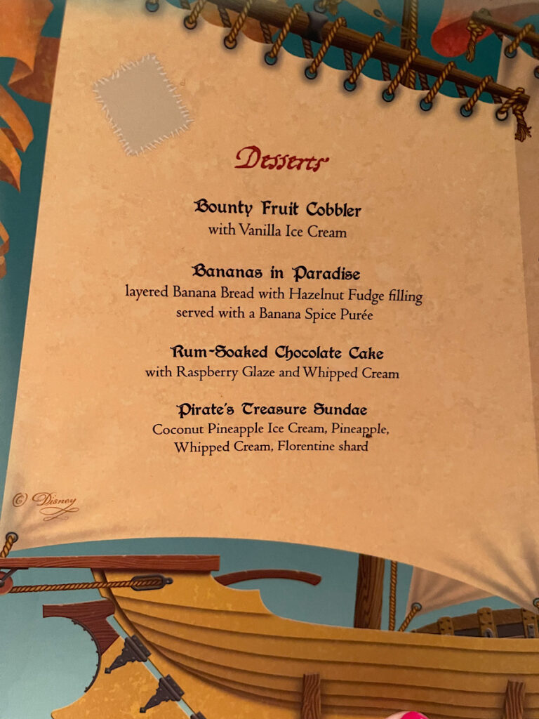 Disney Wish Pirate Night dessert menu.