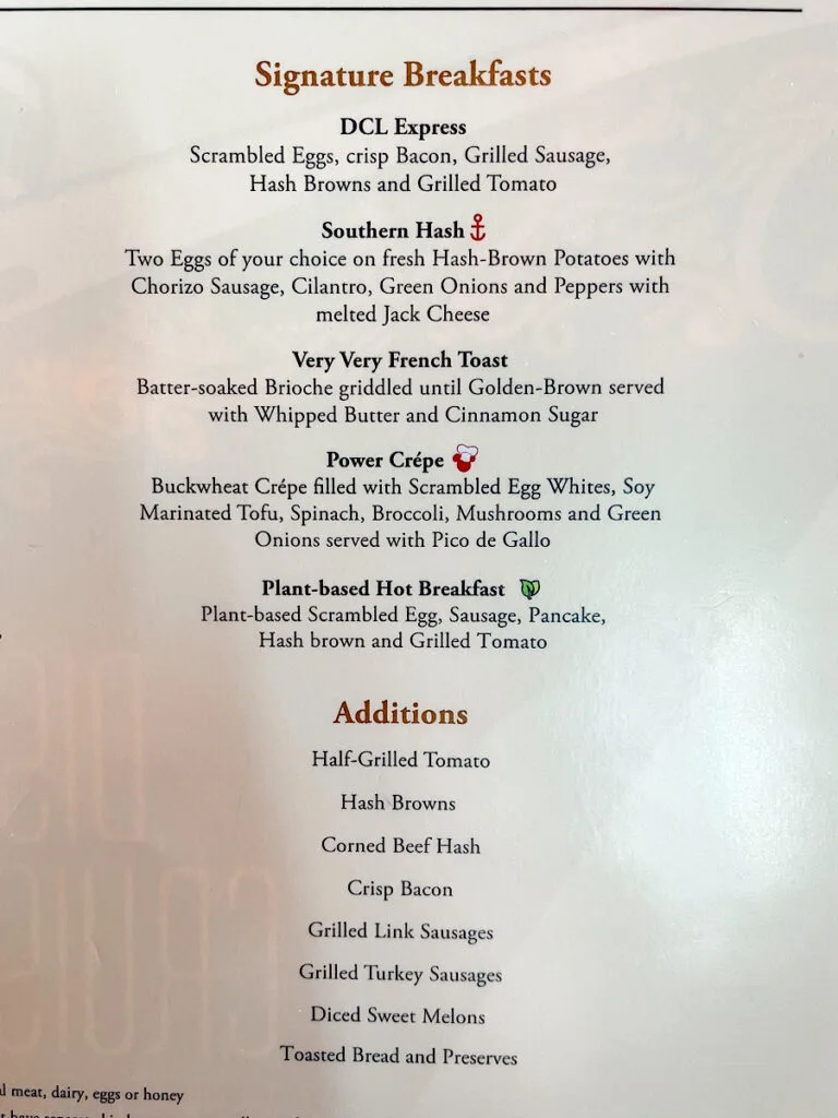 Main Dining room breakfast menu on the Disney Wish.