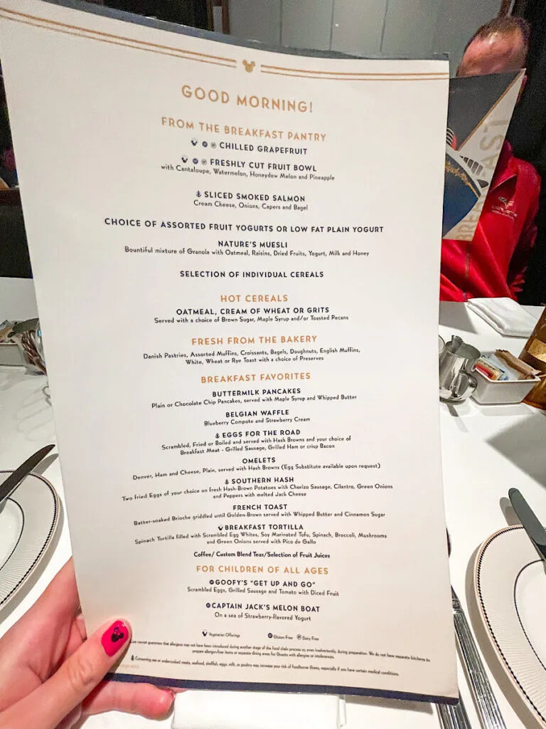 Breakfast menu on disembarkation day for a Disney Cruise.