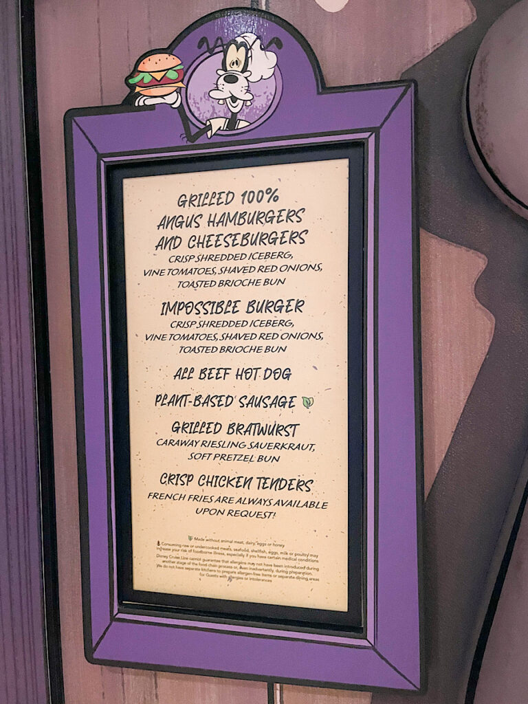 Goofy's Grill menu.