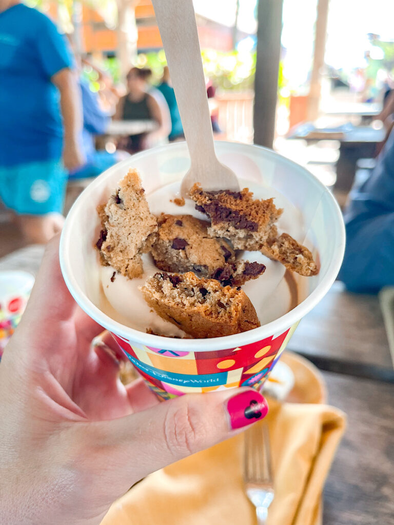 A chocolate chip cookie mixed with ice cream on Castaway Cay.