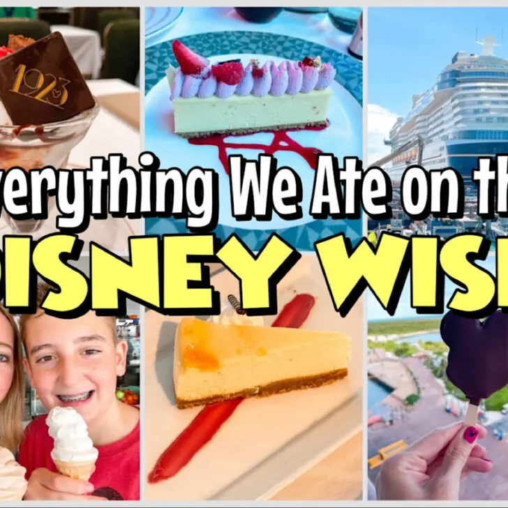 A collage of menu items available on the Disney Wish cruise ship.