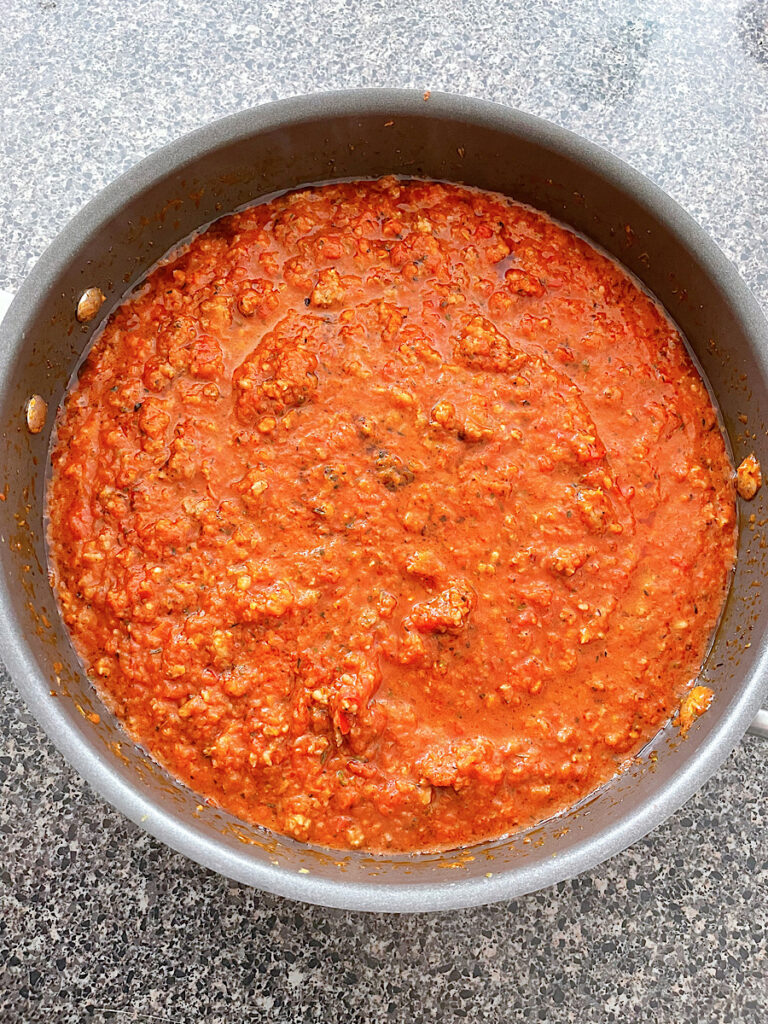 Bolognese sauce in a sauce pan.