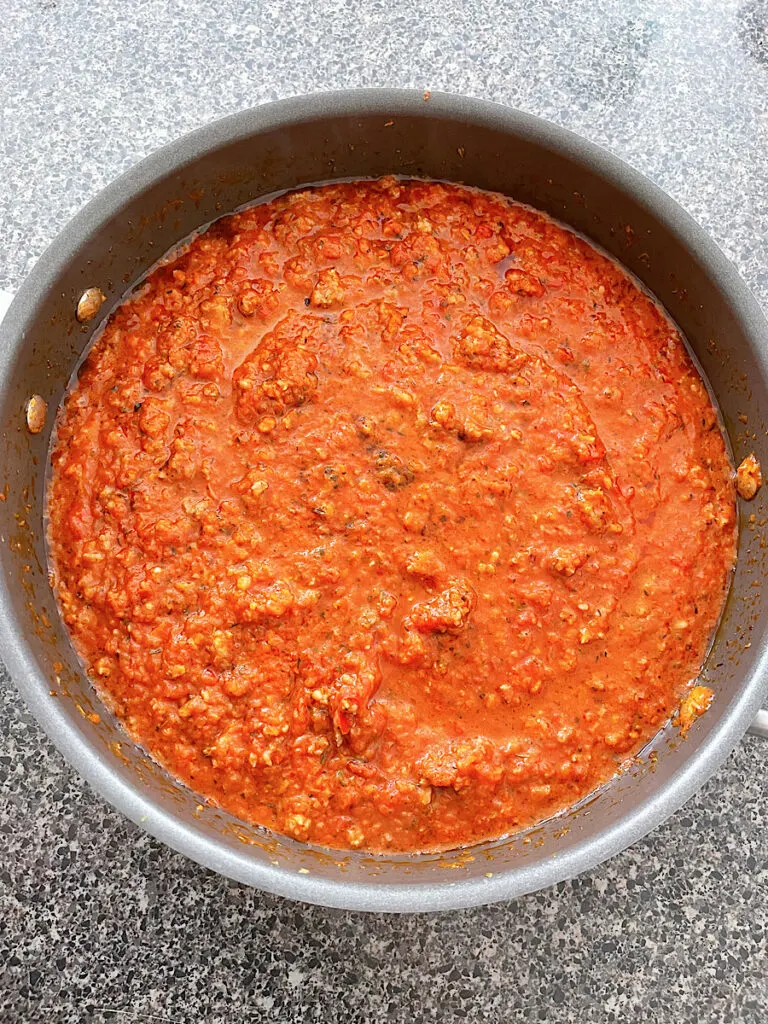 Bolognese sauce in a sauce pan.