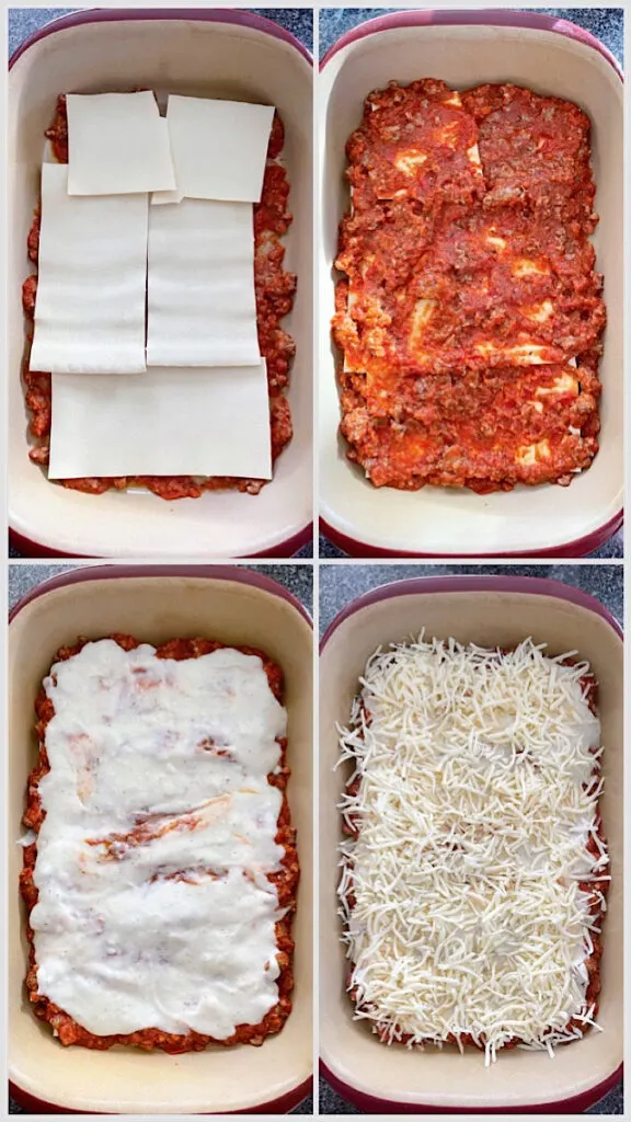 A picture collage showing layers of bechamel lasagna.