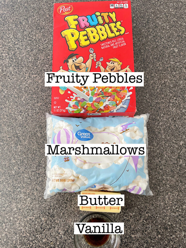 Ingredients to make Fruity Pebbles Treats.