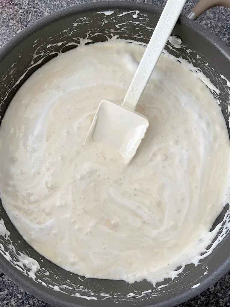 Marshmallow mixture for fruity rice Krispie treats.