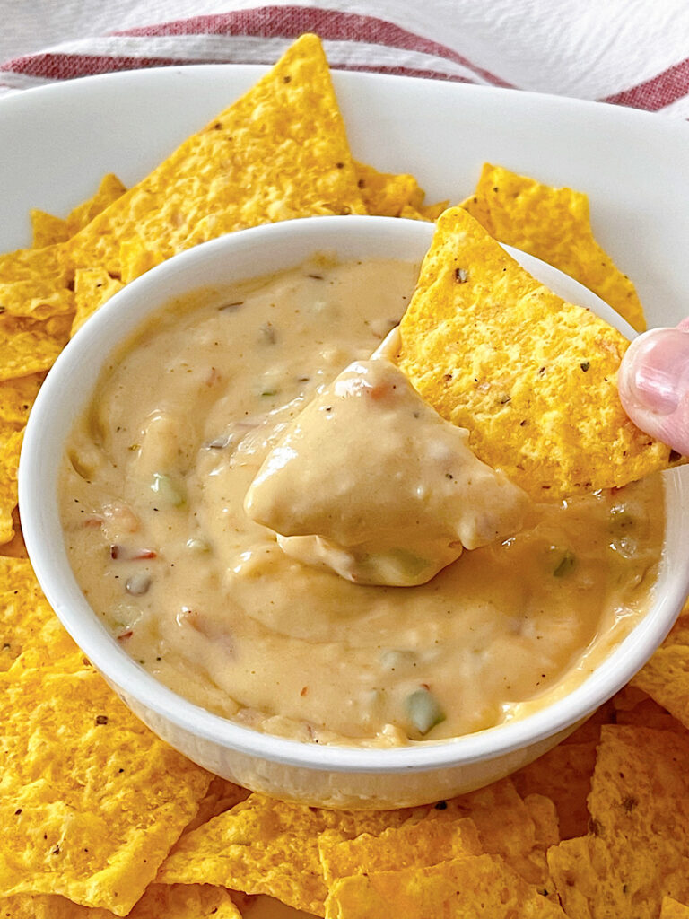 A tortilla chip dipped in a bowl of copycat chipotle queso dip.