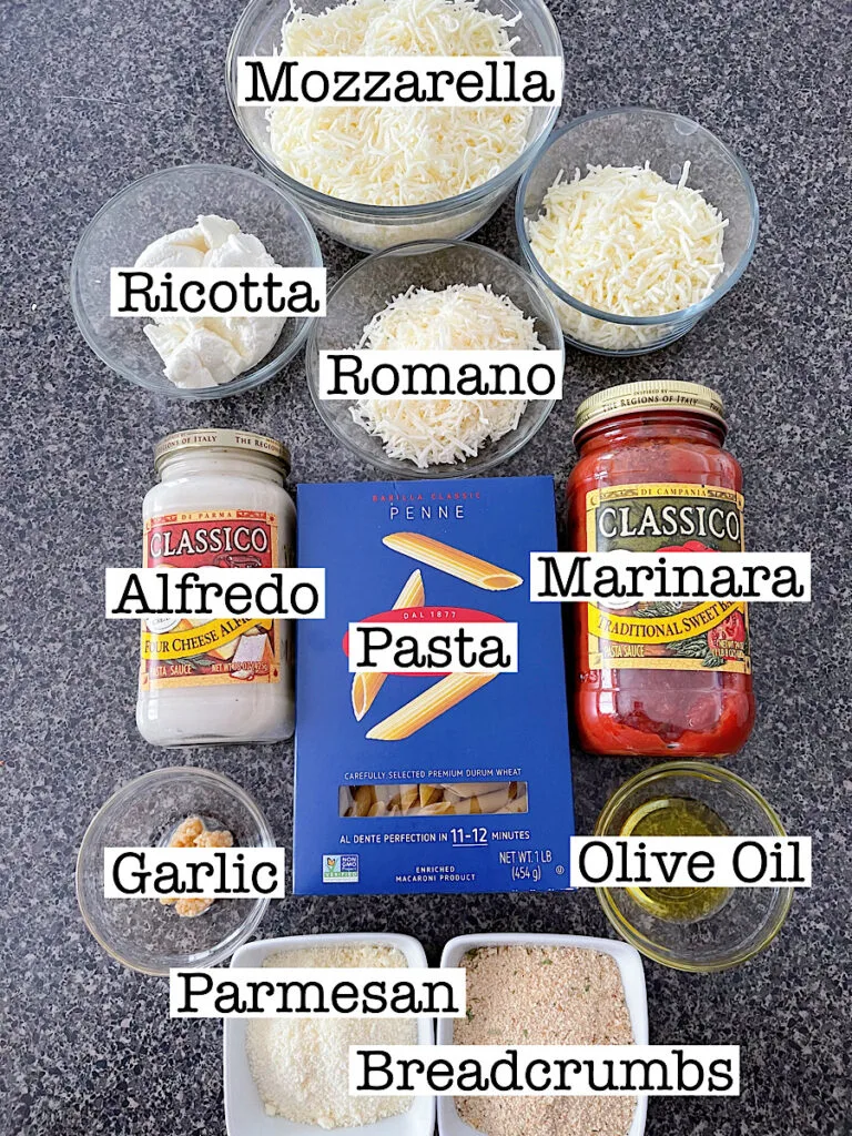 Ingredients to make Olive Garden's Five Cheese Baked Ziti al forno.
