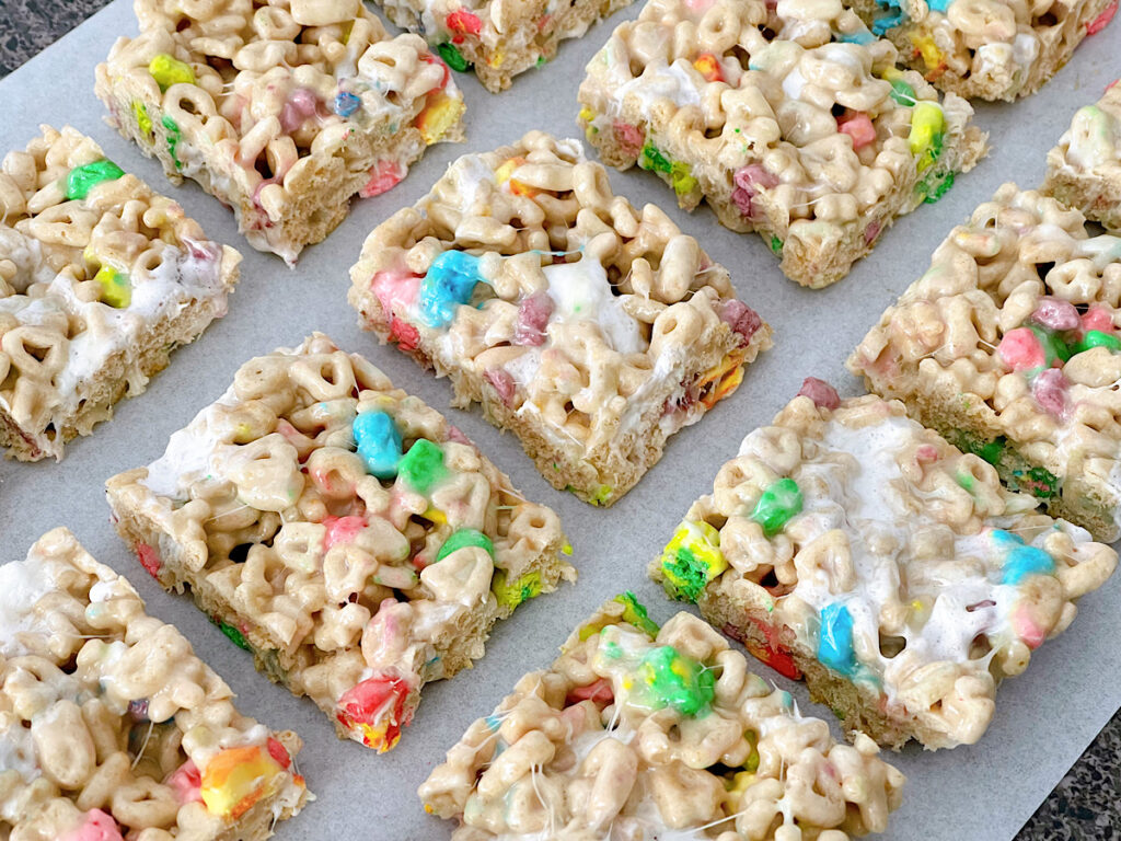 Lucky Charms treats cut onto squares.