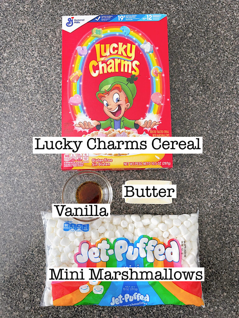 Ingredients to make Lucky Charms Krispie Treats.
