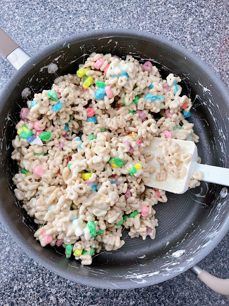 Lucky Charms Rice Krispie Treats in a skillet.