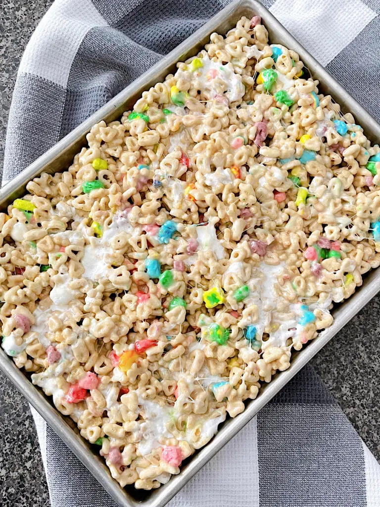 A pan of Lucky Charms Cereal Treats.