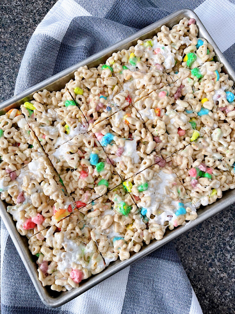 A pan of Lucky Charms Krispie Treats.
