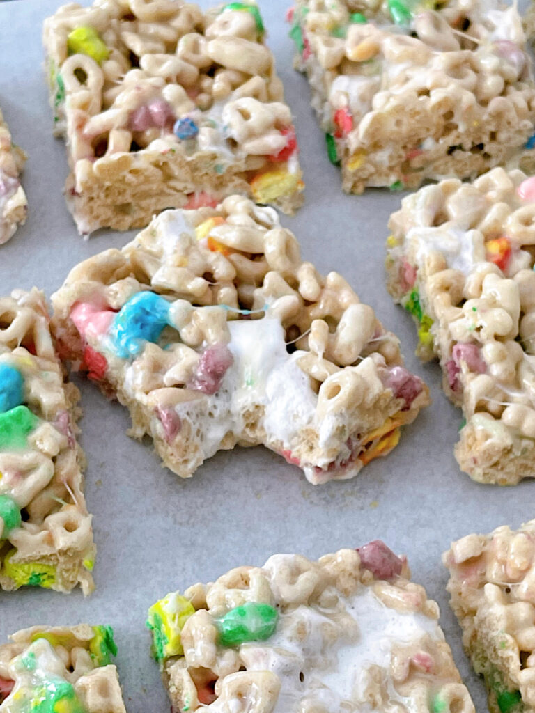 Lucky Charms treats cut onto squares.