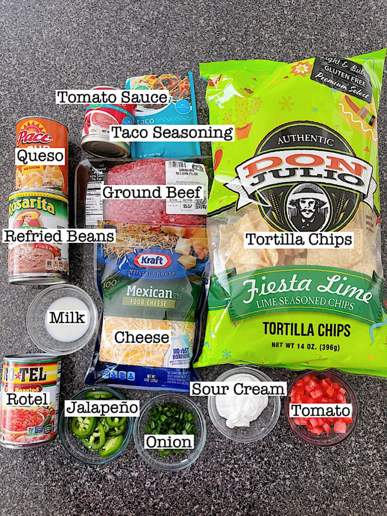 Ingredients to make loaded Ground beef nachos.