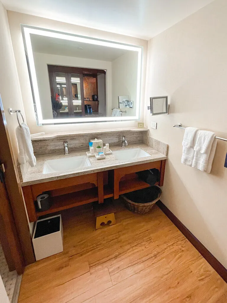 Double vanity in the bathroom of a guest room at the Grand Californian.