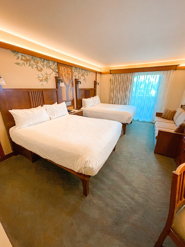 Two queen beds in a standard room at the Grand Californian.