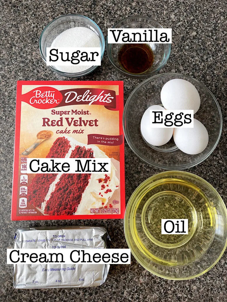 Ingredients to make easy red velvet brownies.