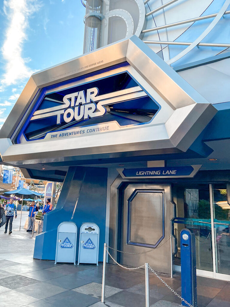 Lightning Lane entrance of Star Tours at Disneyland.