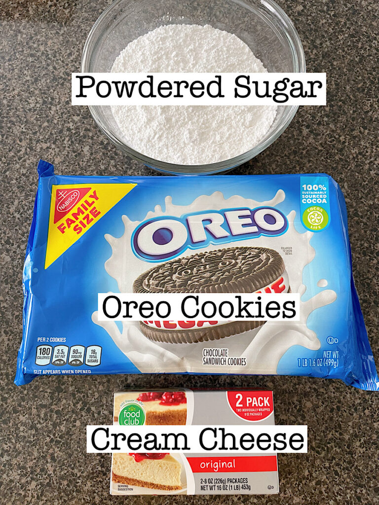 Ingredients to make Oreo cheesecake filling for cupcakes.