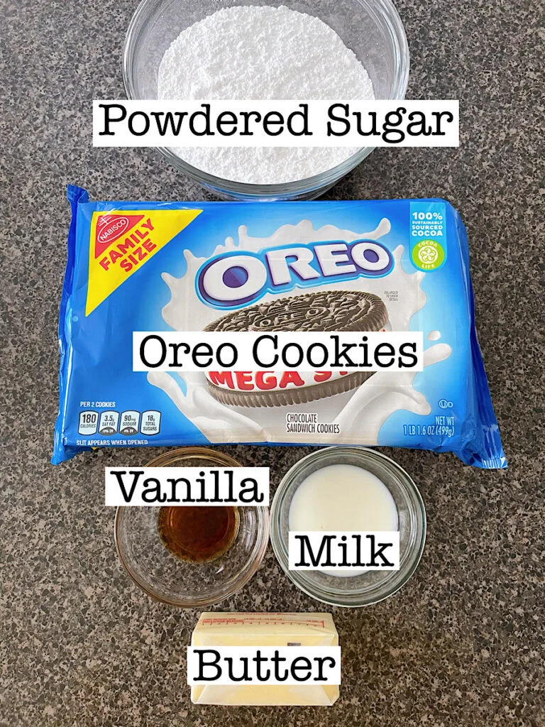 Ingredients for Oreo buttercream frosting to top cupcakes.