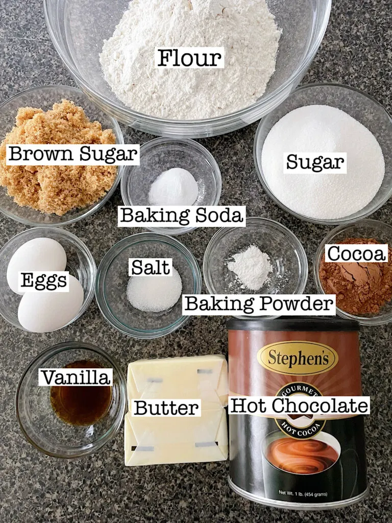 Ingredients to make hot chocolate cookies.