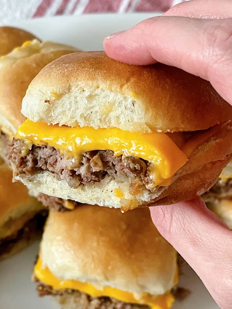 A homemade White Castle Slider with cheese.